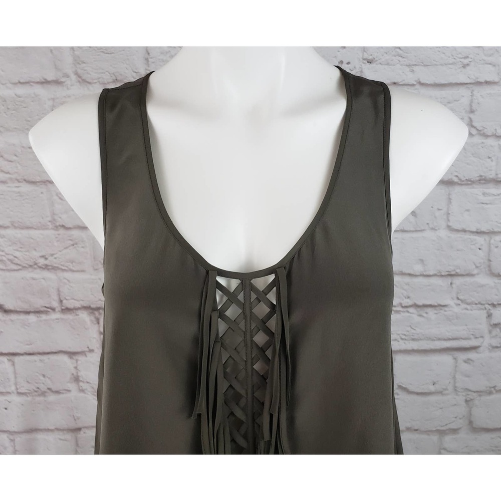 BCBGMaxAzria Mura Top/Tank ~ Dark Green/Olive Fringed 100% Silk ~ Size Small - Picture 3 of 9